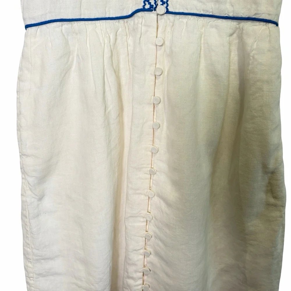 J. Crew 100% Linen Embroidered White Midi Dress with Blue Trim V-Neck, US 6 - Picture 6 of 16
